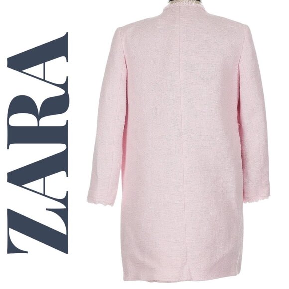 ZARA  Blush Pink Tweed Frayed Edge Longline Open Front Jacket Coat, Size Small - Picture 12 of 13